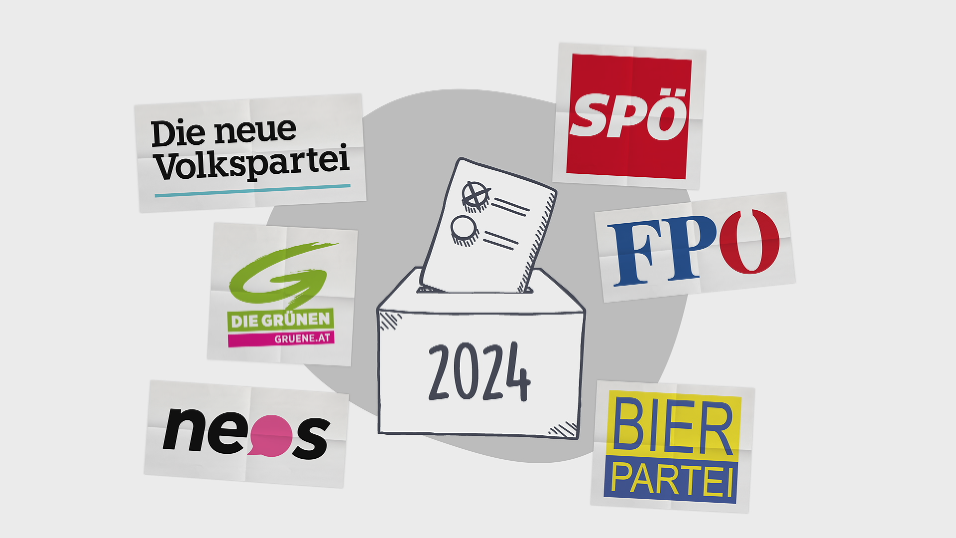 Partei-Logos Österreichs und Wahlurne 2024