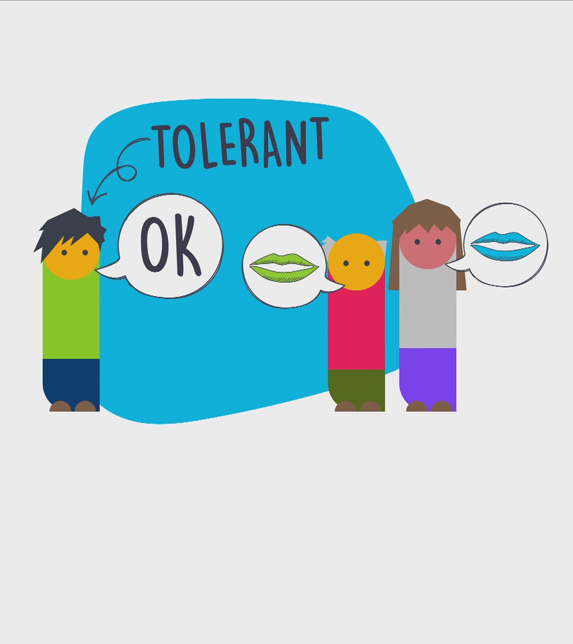 Drei Figuren stehen nebeneinander, neben einem ist eine Sprechblase mit dem Wort okay, neben den anderen beiden zwei Sprechblasen mit Mündern. Dahinter ein blauer Kreis und darauf steht das Wort tolerant mit einem Pfeil.