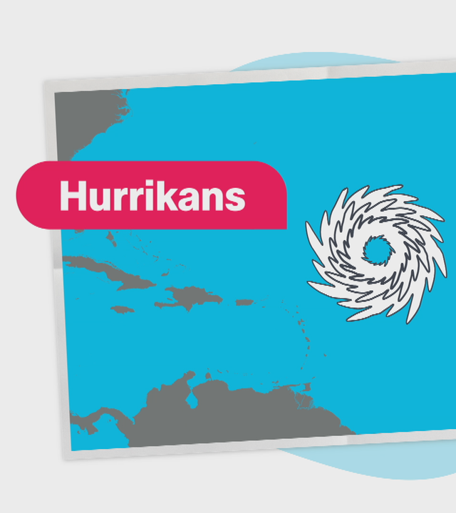 Hurrikan wirbelt über Meer, daneben Kalender: "zwischen Juli und Oktober"