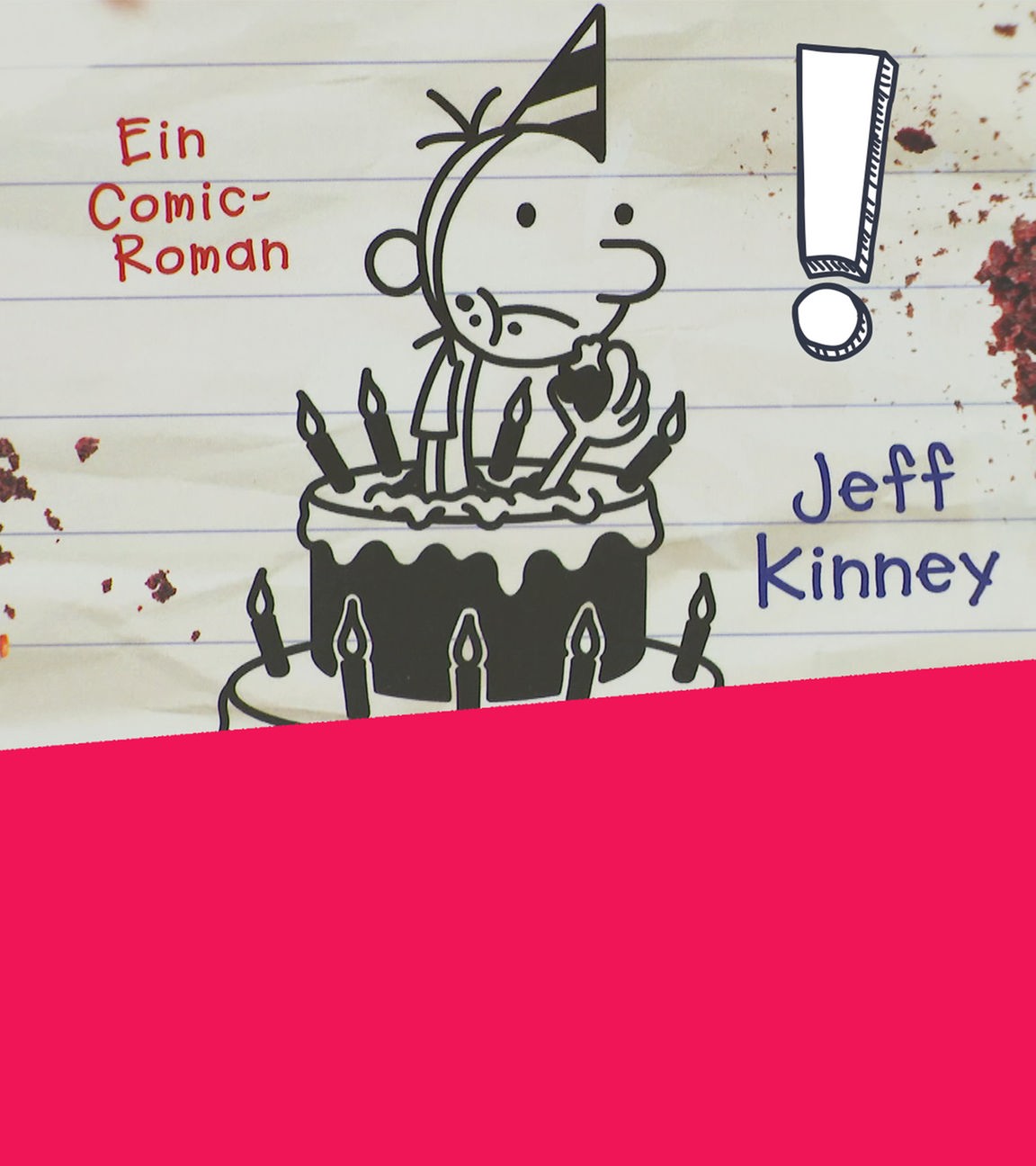 Gregs Tagebuch "Bock auf Party"; ein Doodle von einem Buch und ein Ausrufezeichen