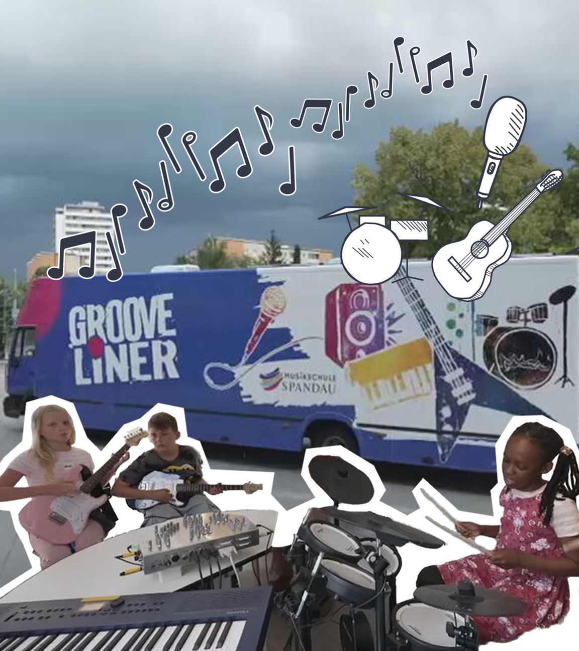 Ein Bus, der als Musikschule umgebaut wurde. Drei Kinder, die Schlagzeug und Gitarre spielen. Daneben Doodles von einem Schlagzeug, einer Gitarre, einem Mikrofon und Musiknoten.