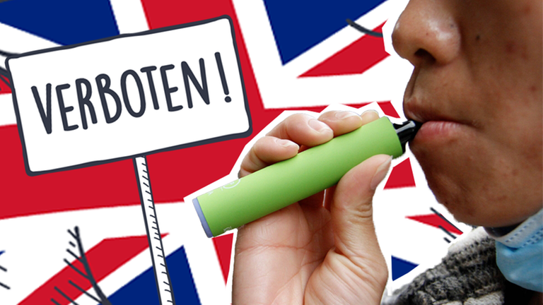 Frau raucht Einweg E-Zigarette, im Hintergrund Flagge Großbritanniens und ein "Verboten"-Schild