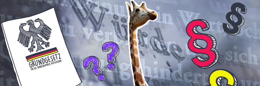 Grundgesetz mit Giraffe, Paragraphen und Fragezeichen