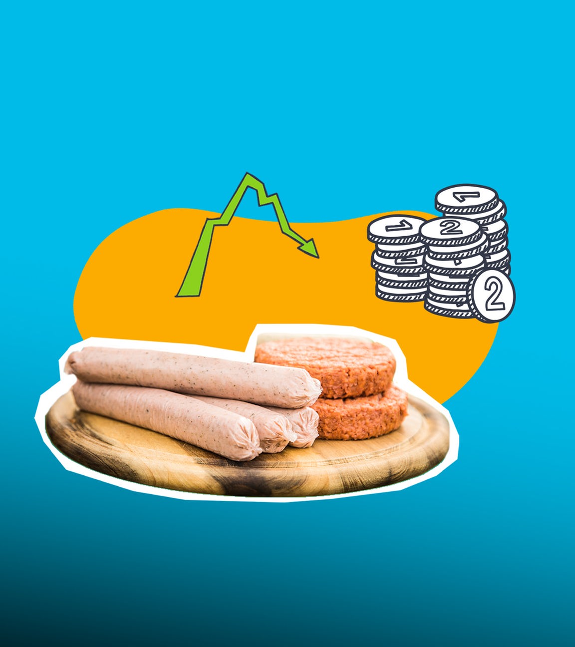 Auf dem Bild ist ein Holzbrett mit vier veganen, rohen Bratwürsten und zwei fleischlosen Burgerpatties zu sehen. Außerdem ist daneben ein kleiner Haufen Münzen und ein absteigender Pfeil in grün zu erkennen. Der Hintergrund ist orange und blau.