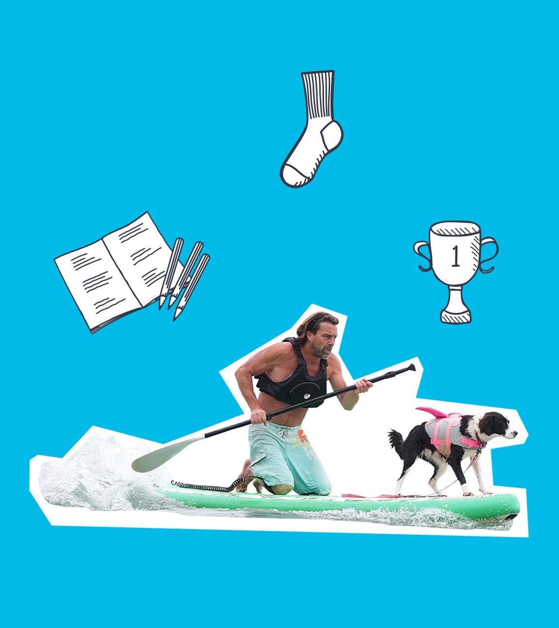 Ein Mann paddelt mit einem Hund auf einem Paddelboard. Um sie herum sieht man ein Heft mit Stiften, eine Socke und einen Pokal.
