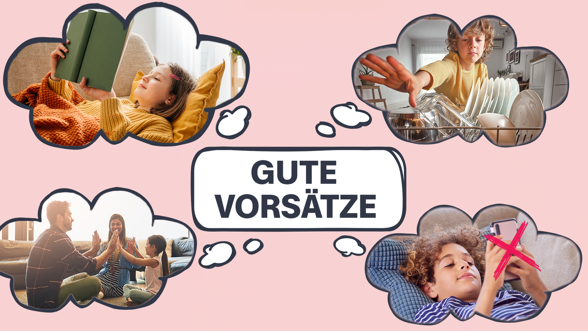 Rosa Hintergrund, in der Mitte steht Gute Vorsätze, drum herum sind vier Gedankenblasen, die zeigen: ein Mädchen, das liest, eine Familie, die im Kreis sitzt, ein Junge am Handy, das mit einem roten Kreuz durchgestrichen ist und ein Junge, der in eine Spülmaschine schaut