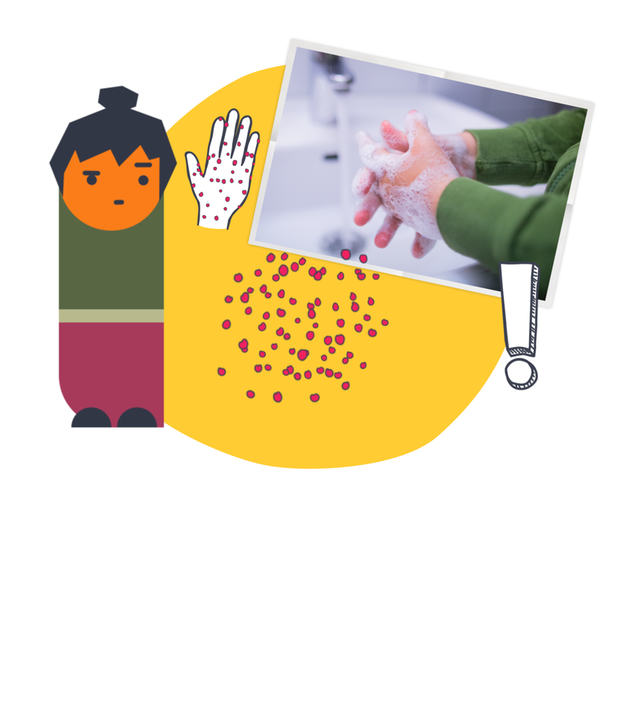 Kind beim Händewaschen, nebendran steht eine logo!-Erklärfigur, die irritiert auf eine Hand voller Keime guckt.