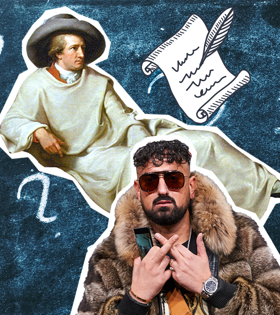 Goethe und Haftbefehl vor einer Tafel mit Fragezeichen und Schriftrolle