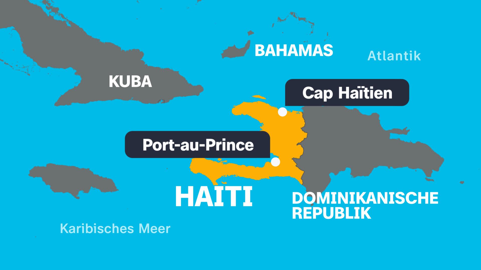 Karte von Haiti mit Nachbarländern, Hauptstadt Port-au-Prince und Karibisches Meer