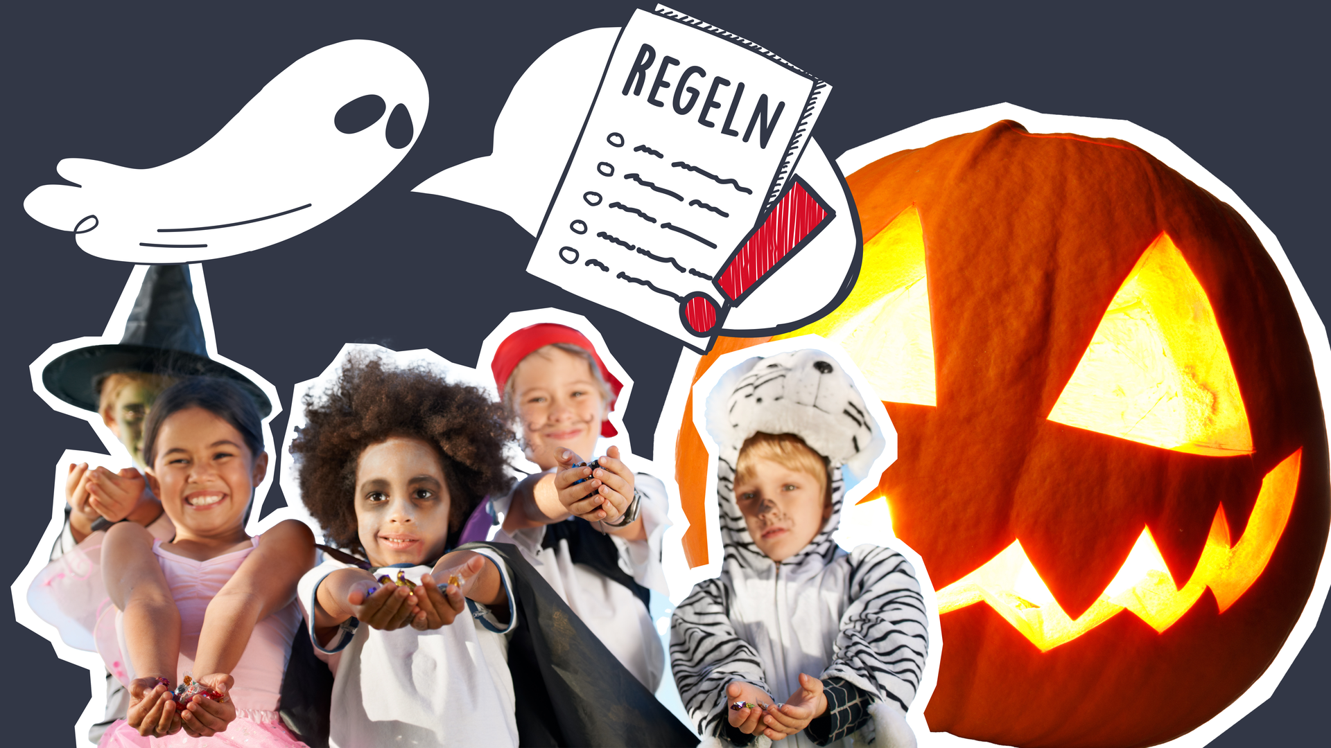 Halloween-Kinder mit einem Geist, Sprechblase und Regeln und einem Kürbis.