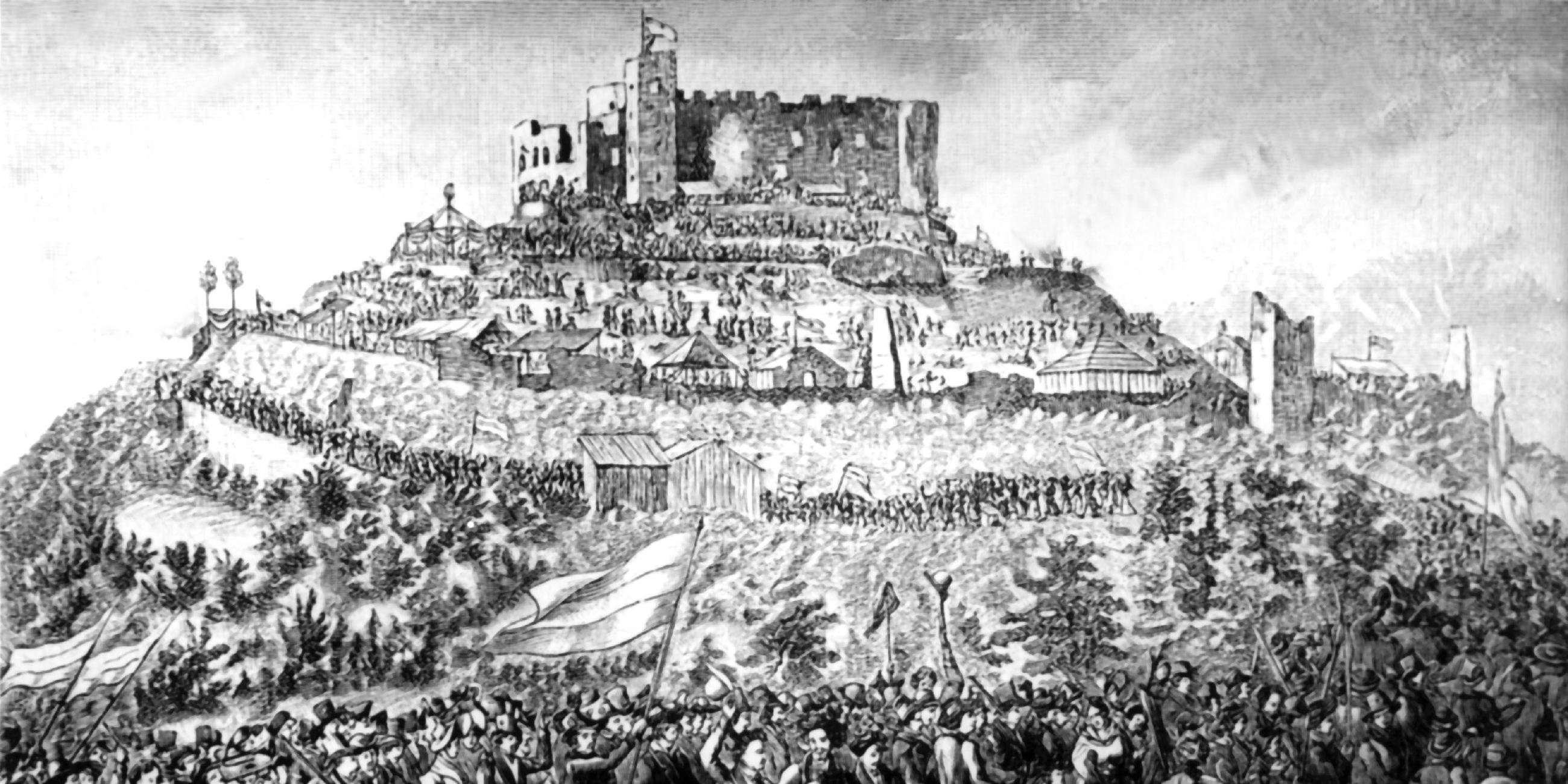 Zeitgenoessischer Stich in schwarz-weiß, vom Zug der Demonstranten am 27.5.1832 zum Hambacher Schloss