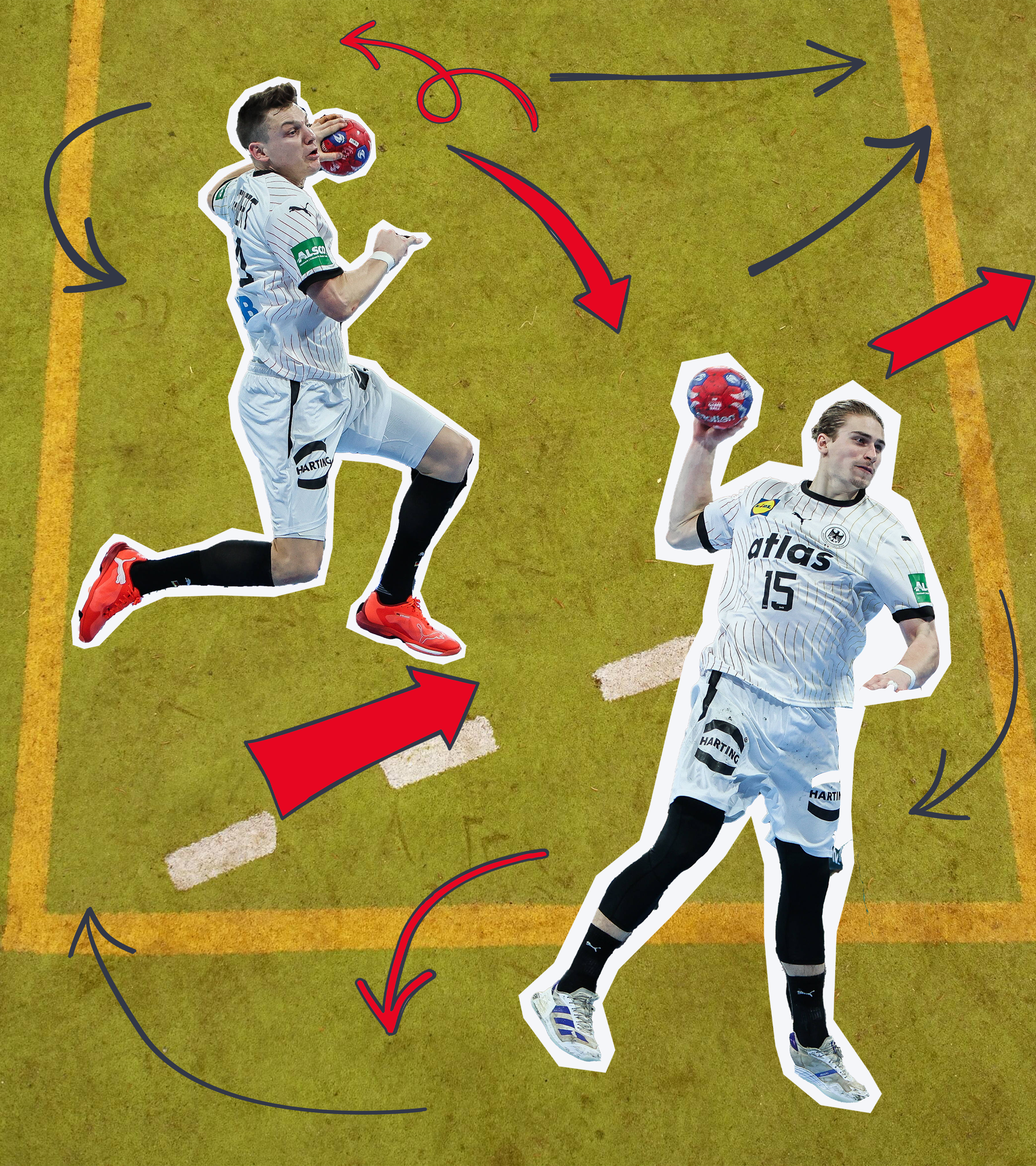 Handballer auf einem Handballfeld und viele Pfeile
