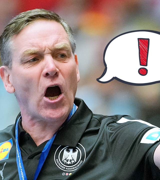 Nationaltrainer Alfred Gislason feuert seine Handball-Mannschaft an, streckt Arm aus, daneben grafische Sprechblase mit Ausrufezeichen