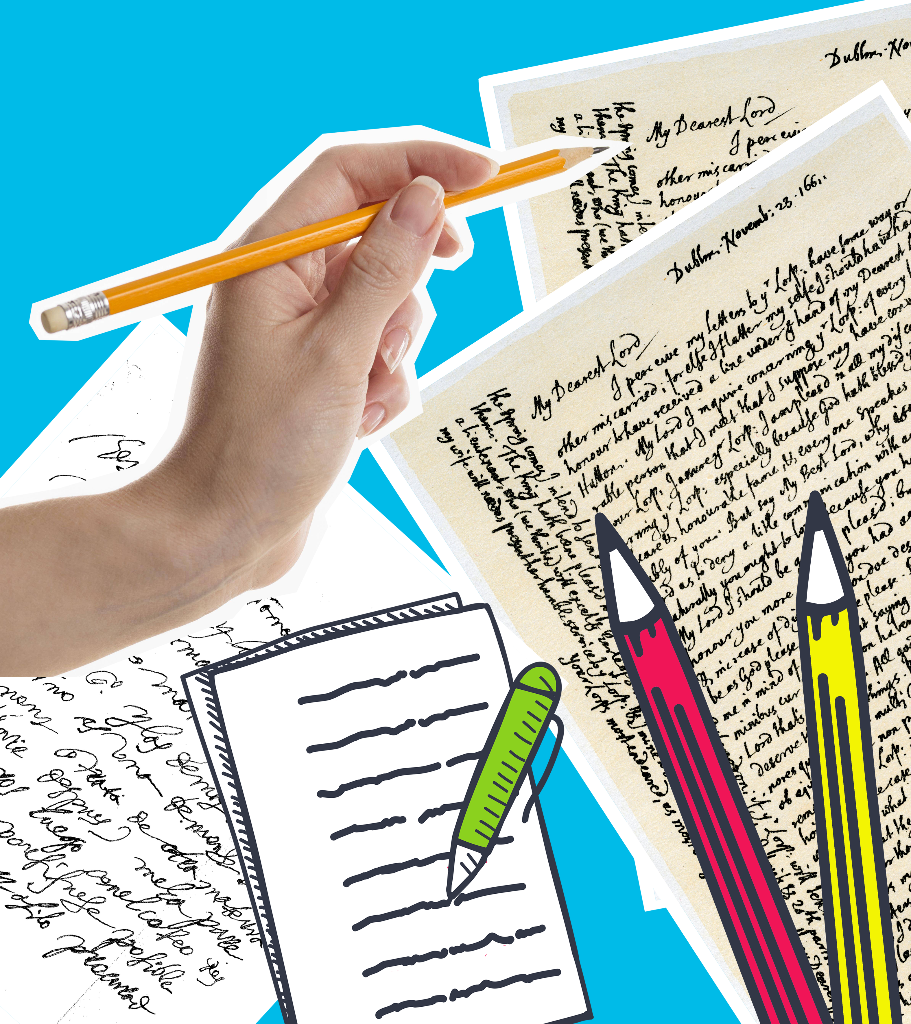 Hand mit Stift, handgeschriebenen Briefen und Grafiken von Stiften und Briefen