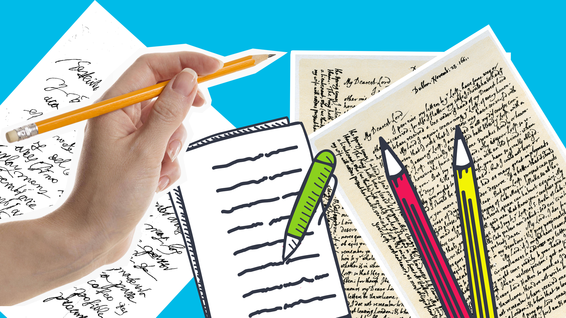 Hand mit Stift, handgeschriebenen Briefen und Grafiken von Stiften und Briefen