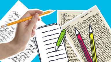 Hand mit Stift, handgeschriebenen Briefen und Grafiken von Stiften und Briefen