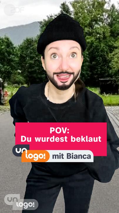 Auf dem Bild ist Bianca von unlogo zu sehen, die als Dieb verkleidet ist. "POV: Du wurdest beklaut" steht als Titel auf dem Bild.