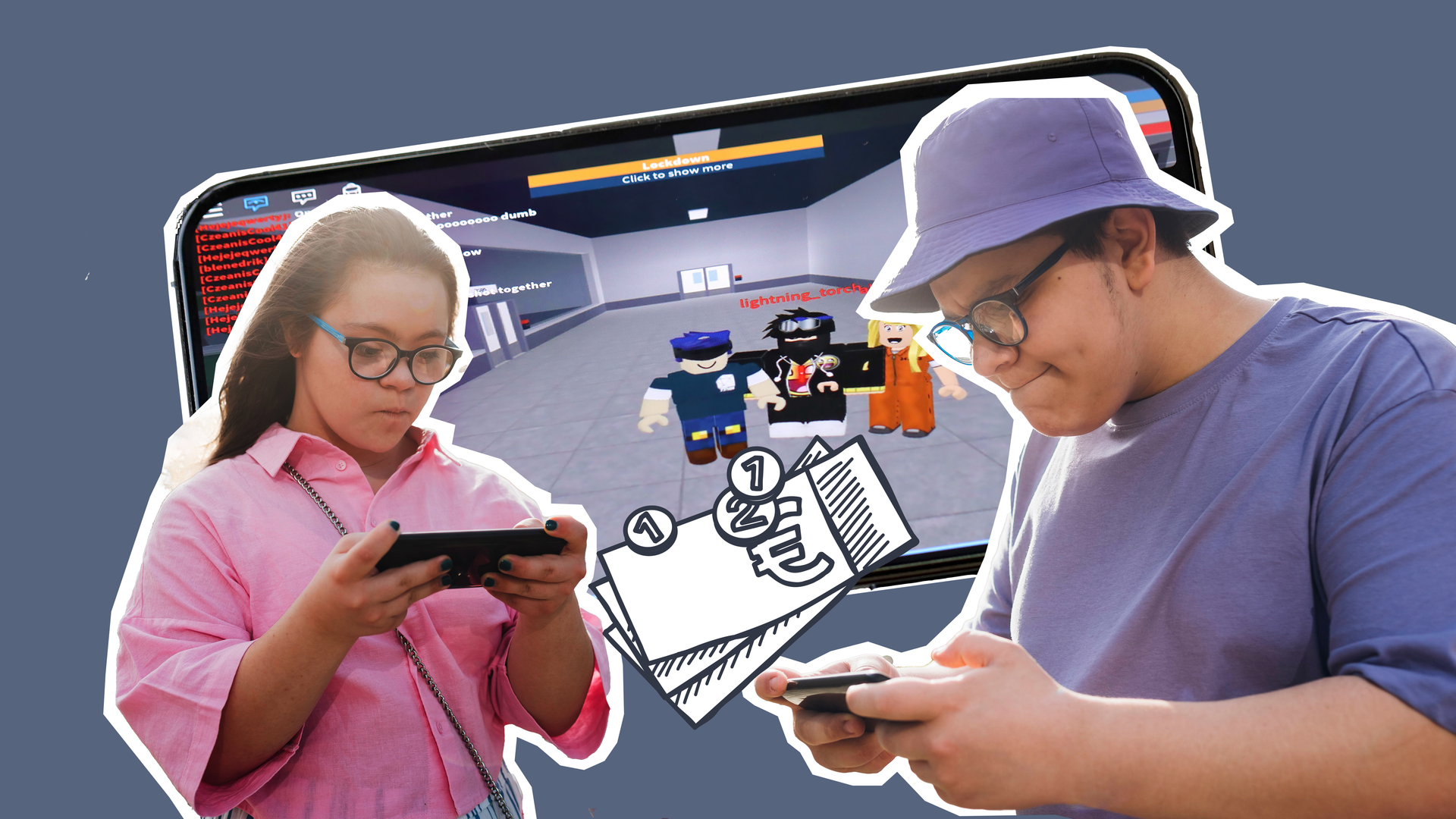 Zwei Jugendliche spielen am Handy, im Hintergrund Roblex-Spiel und Geld-Doodle.