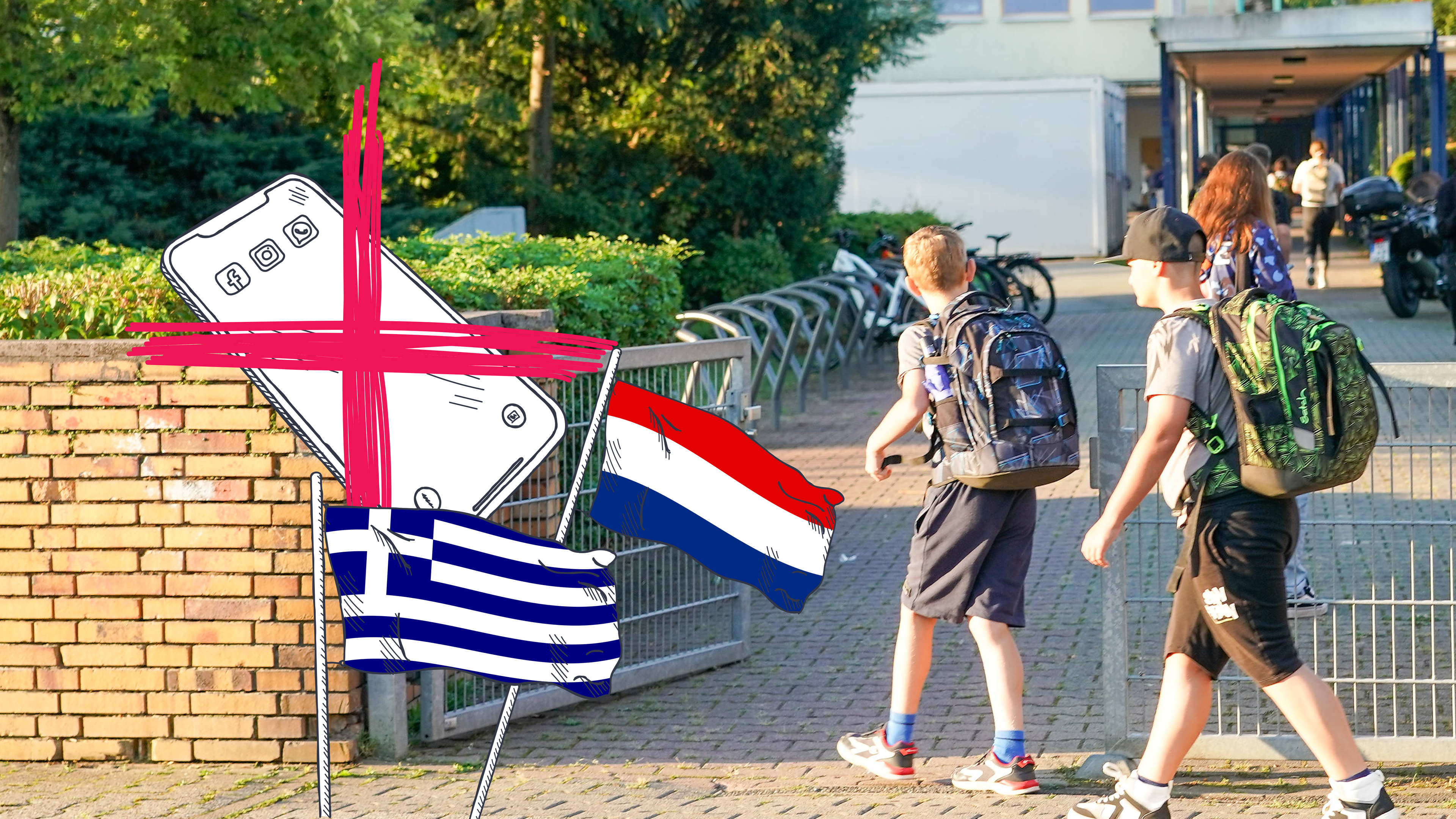 Eine Schule, in die zwei Schüler gehen, ein durchgestrichenes Smartphone und die niederländische Flagge.