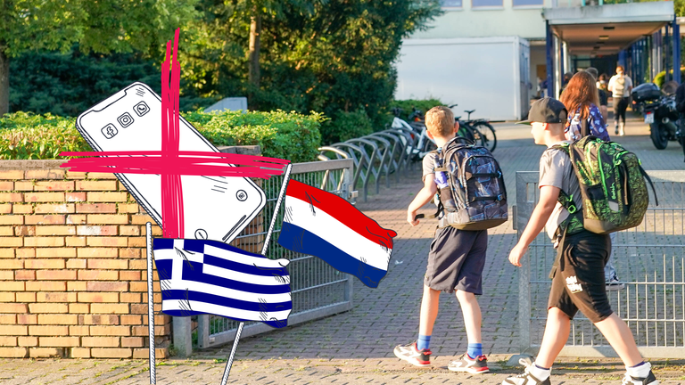 Eine Schule, in die zwei Schüler gehen, ein durchgestrichenes Smartphone und die niederländische Flagge.