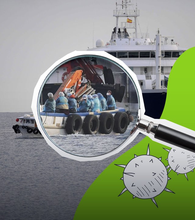 Collage: Kreuzfahrtschiff im Hintergrund, dafür kleines Rettungsboot mit Passagieren, vergrößter mit grafischer Lupe, daneben grafischen Viren auf grünem Hintergrund