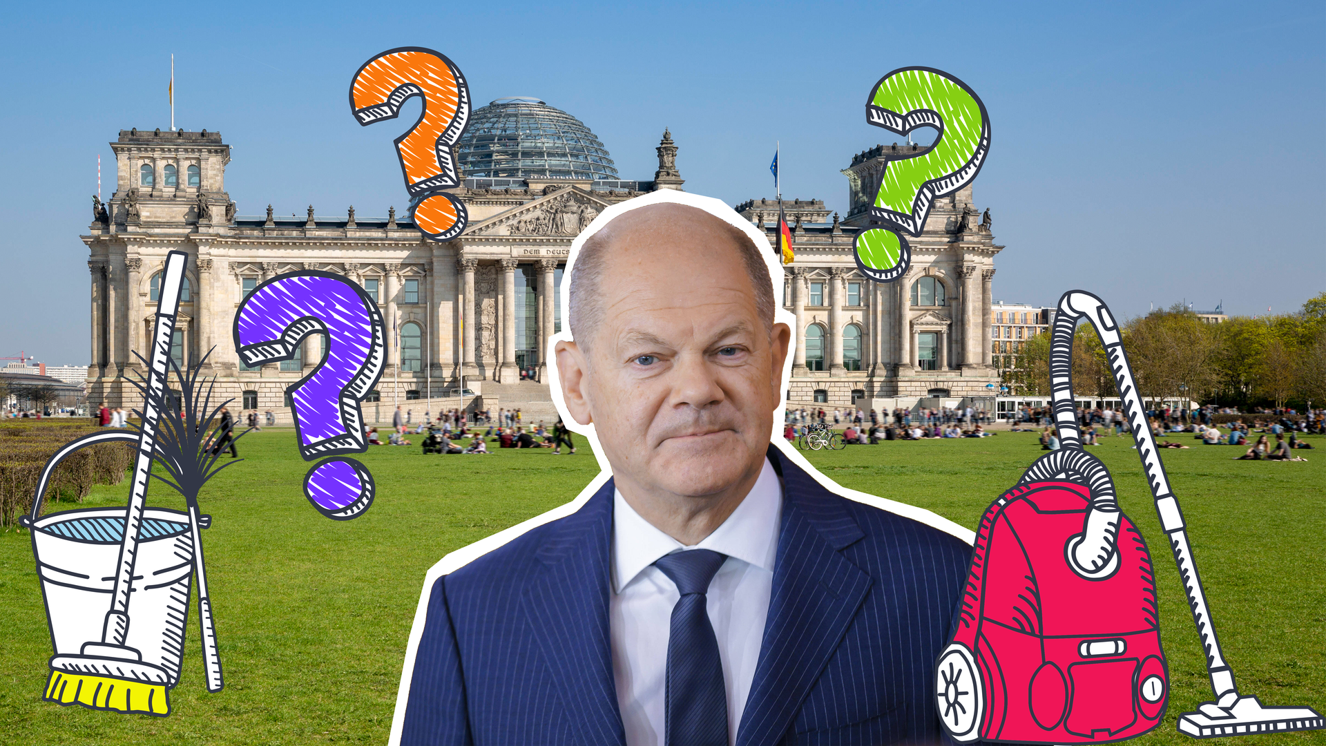 Olaf Scholz mit mehreren grafischen Haushaltsgeräten, Fragezeichen und dem Bundestagsgebäude im Hintergrund.