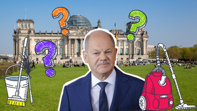 Olaf Scholz mit mehreren grafischen Haushaltsgeräten, Fragezeichen und dem Bundestagsgebäude im Hintergrund.