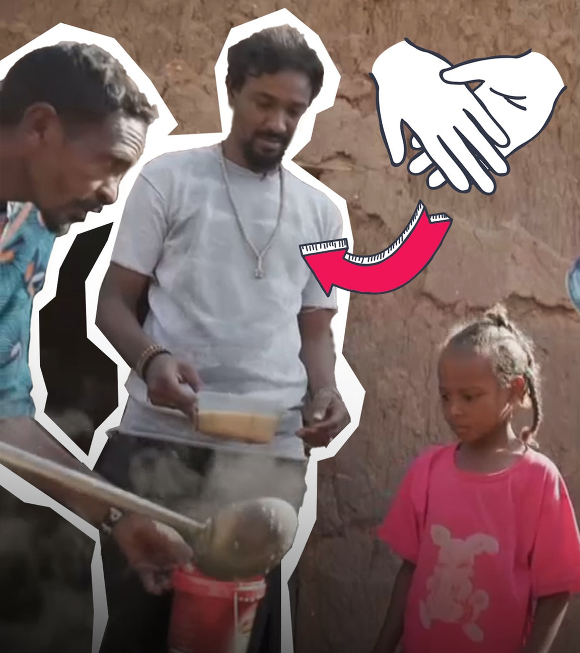 Helfer, die Suppen ausgeben und ein kleines Mädchen, das die Suppe annimmt