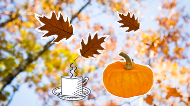 fallendes Laub, Kürbis und dampfende Teetasse 