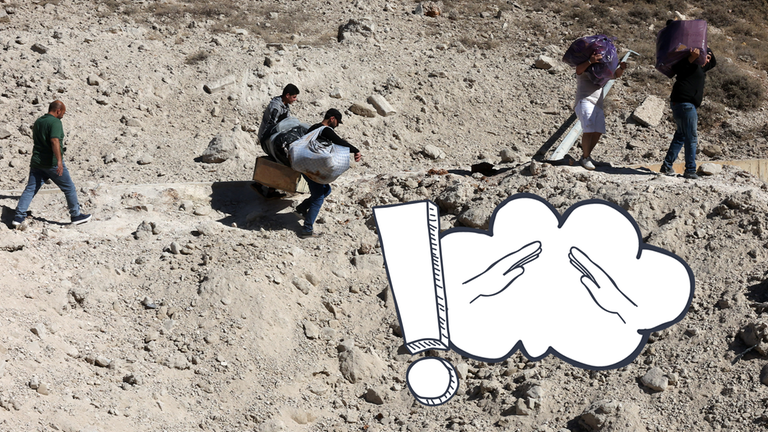 Menschen fliehen zu Fuß, daneben ein Ausrufezeichen und schützende Hände in einer Gedankenblase