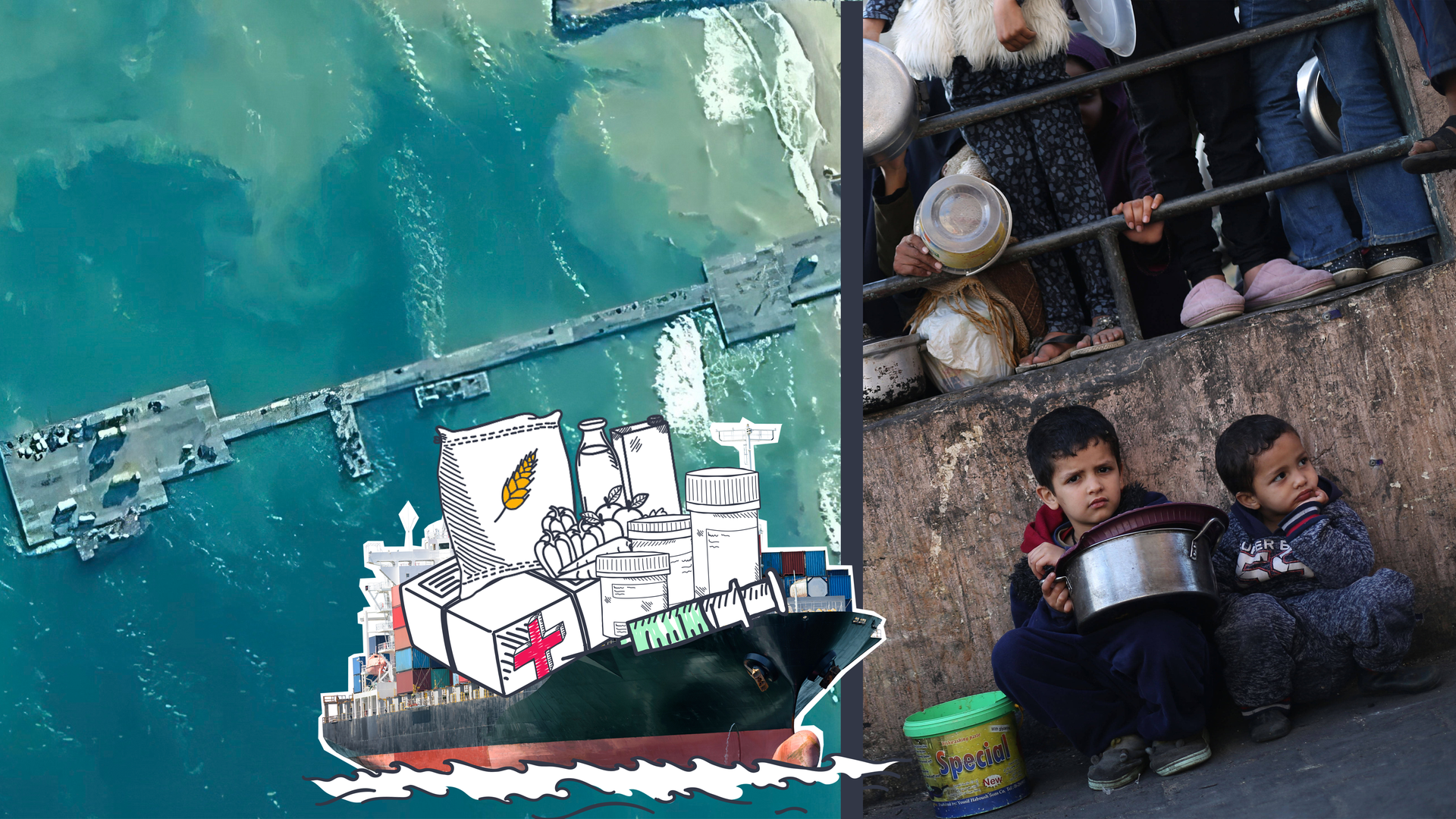 Schwimmender Hafen in Gaza, hungernde Kinder und Grafik-Schiff mit Hilfslieferungen