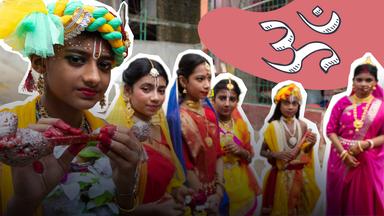 Das Zeichen, das ihr hier seht, ist die heilige Silbe "Om". Es ist eines der wichtigsten Symbole des Hinduismus.
