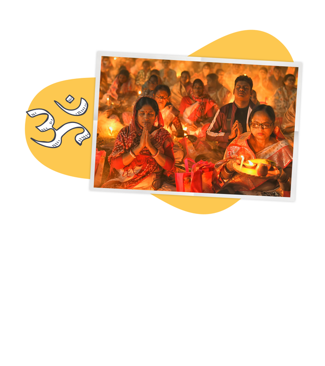 Grafik: Symbol des Hinduismus und betende Hindus