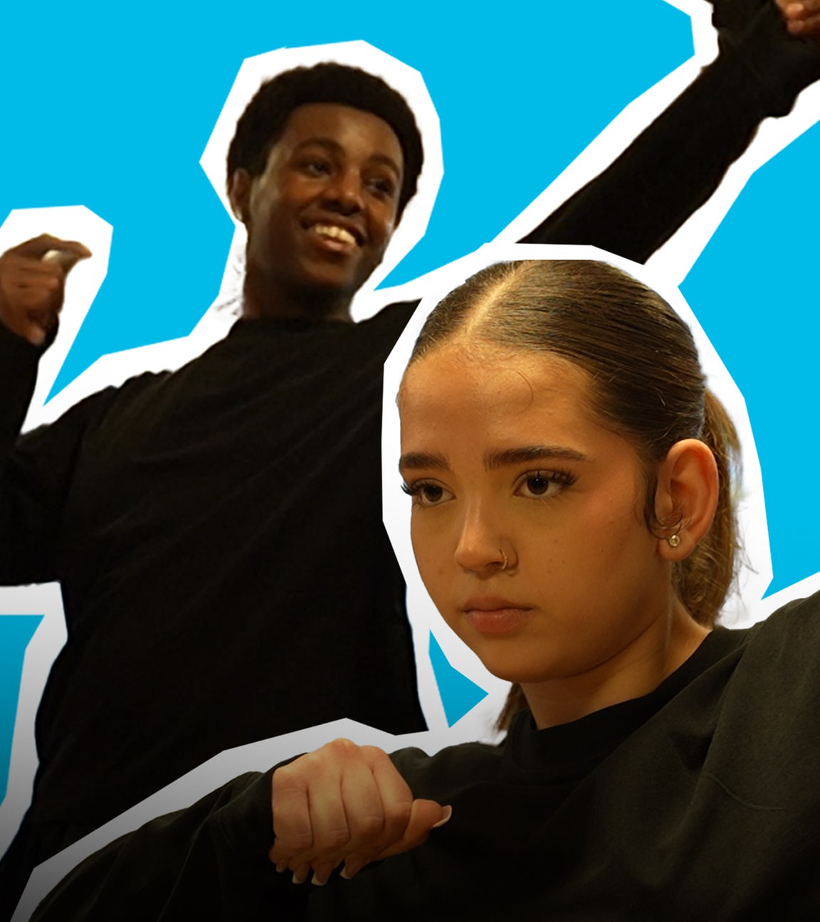 Elizabeta (r.) und Mathias (l.)  aus Nürnberg sind Vize-Weltmeister im Hip-Hop-Tanz. Das Foto zeigt beide als Cutout auf blauem Hintergrund.