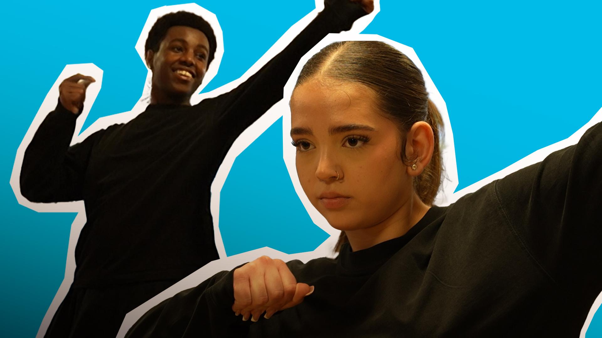 Elizabeta (r.) und Mathias (l.)  aus Nürnberg sind Vize-Weltmeister im Hip-Hop-Tanz. Das Foto zeigt beide als Cutout auf blauem Hintergrund.