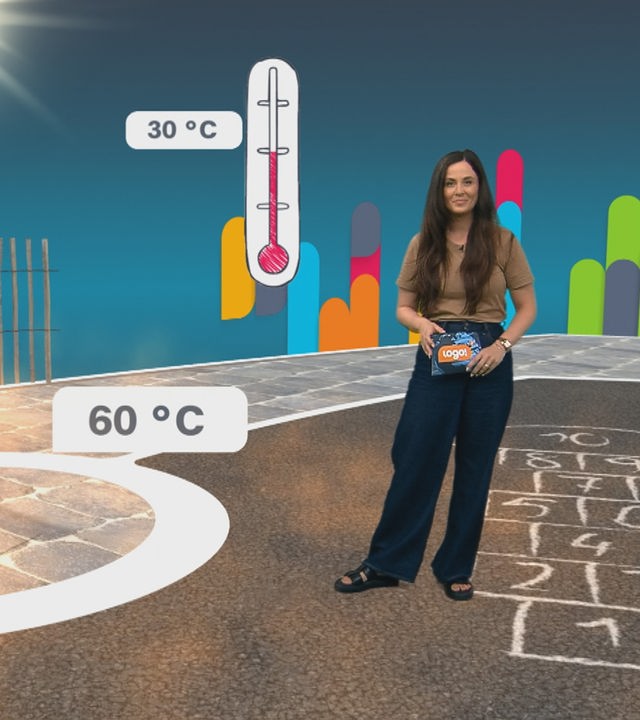 Teresa steht im logo!-Studio, neben ihr ein Thermometer, das 30 und 60 Grad anzeigt, daneben ein gelbes Fahrrad und ein Stück Straßenbelag, auf dem mit Kreide gemalt wurde.