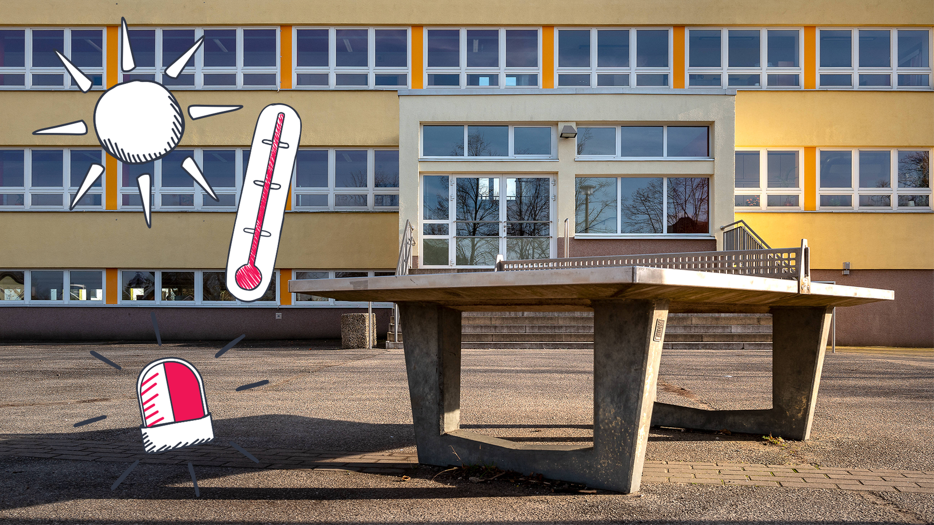Betonschulhof mit tischtennisplatte, darauf labels: Sonne, Thermometer, Alarm