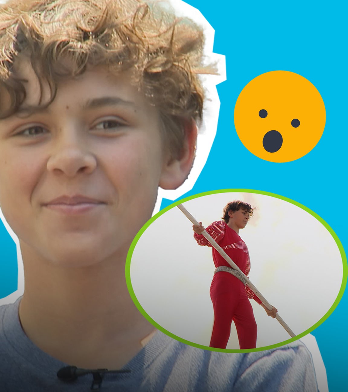 Charly im Portrait auf blauem HIntergrund, daneben Pfeil und erschrockenes Emoji zu Foto von charly auf Hochseil