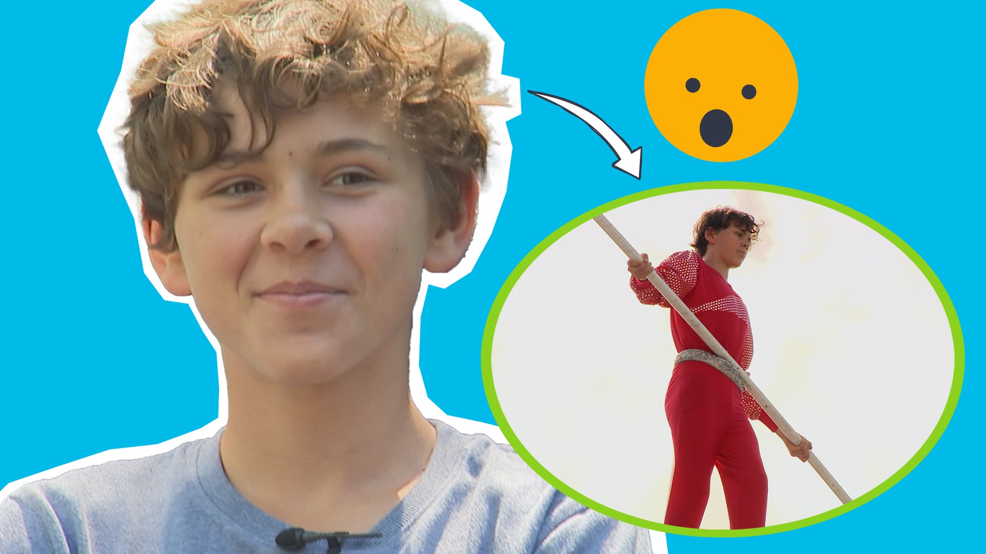 Charly im Portrait auf blauem HIntergrund, daneben Pfeil und erschrockenes Emoji zu Foto von charly auf Hochseil