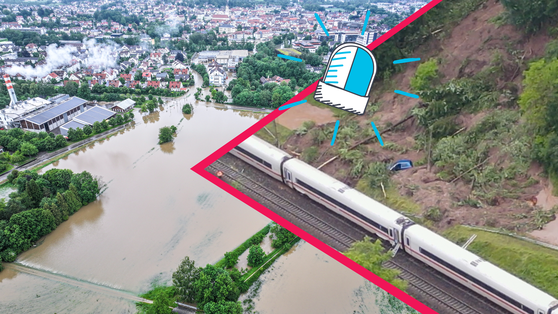 Überflutetes Gebiet in Bayern und ICE nach Erdrutsch mit einer Blaulicht-Grafik