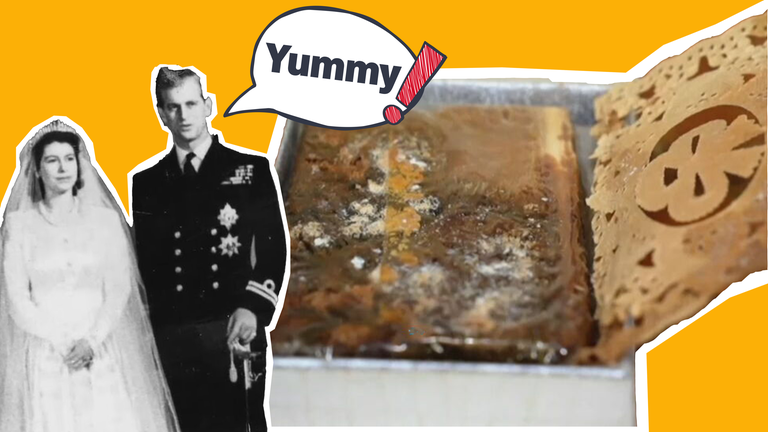 Alte, schimmlige Hochzeitstorte mit Hochzeitspaar Queen Elizabeth und Prinz Philip mit einer Sprechblase mit "Yummy!".