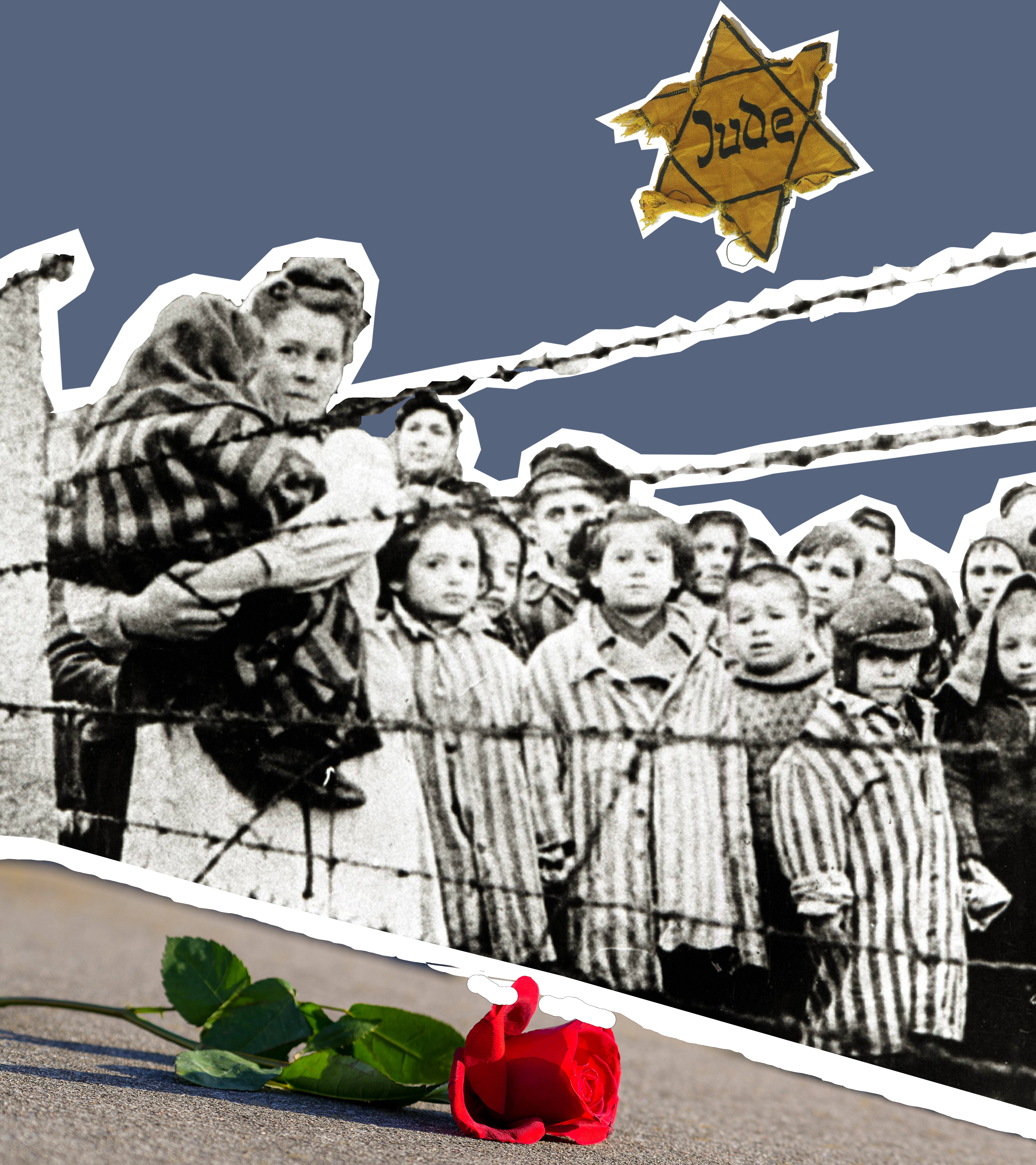 Zwei Fotos von der Auschwitz-Befreiung 1945, dahinter ein Foto vom Holocaust-Mahnmal in Berlin und davor ein Junge mit gestreiften KZ-Anzug und einem Judenstern