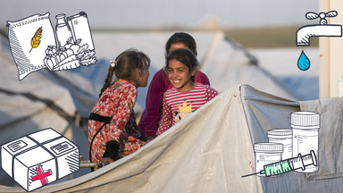 Kinder in einem Flüchtlingscamp mit Grafiken von Essen, Wasser, Medizin und Hilfslieferung