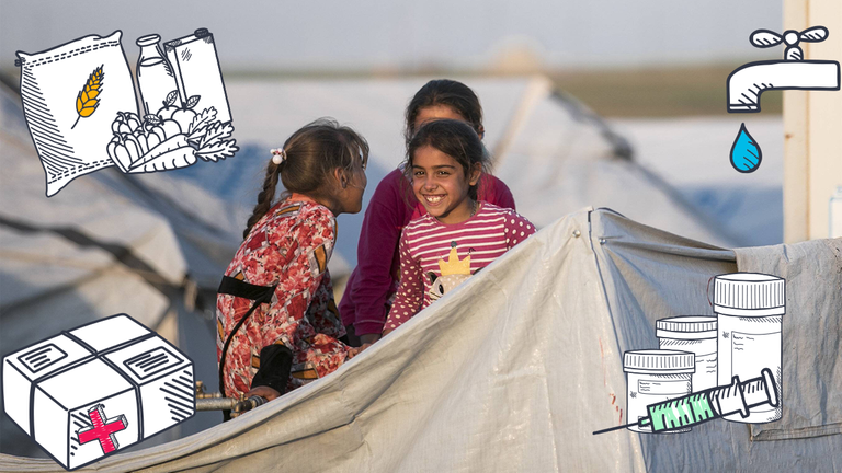 Kinder in einem Flüchtlingscamp mit Grafiken von Essen, Wasser, Medizin und Hilfslieferung