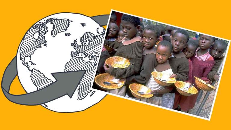Kinder in Simbabwe warten an der Essensausgabe, dahinter Grafik mit Globus und Pfeil.