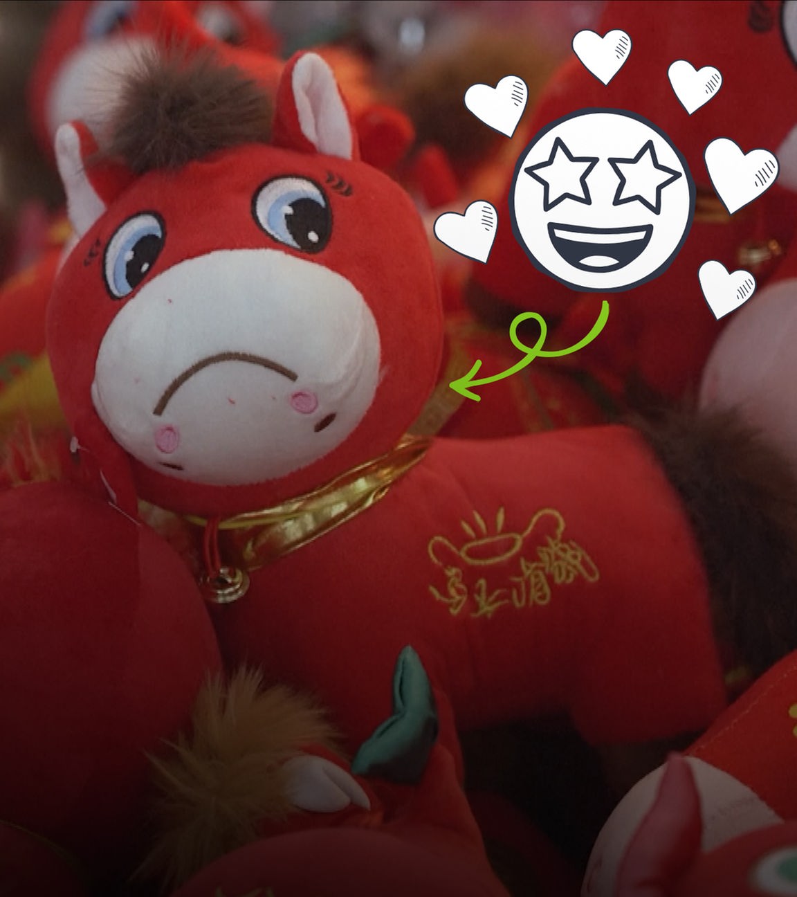 Plüschpferd mit traurigem Gesicht, daneben freudiges Emoji mit Herzchen