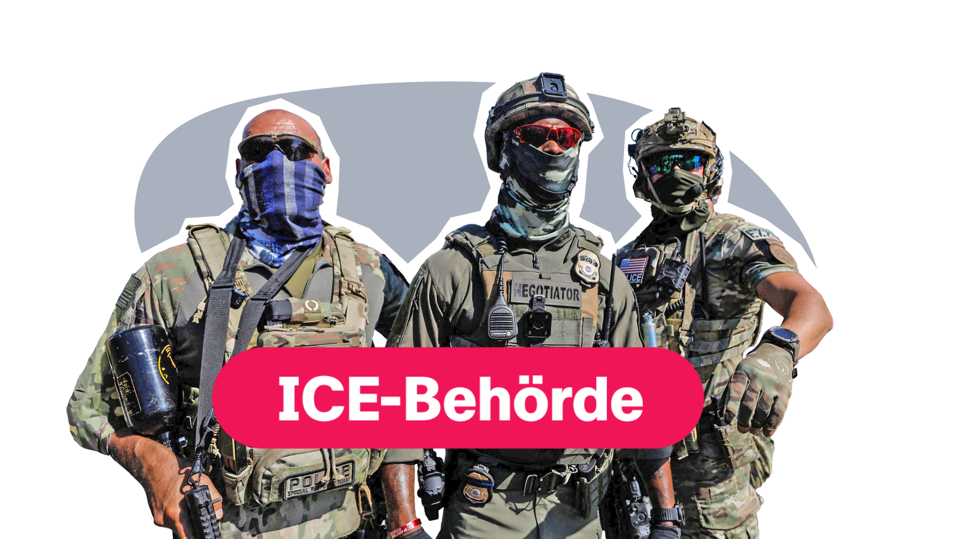Drei ICE-Beamte, darunter steht "ICE"