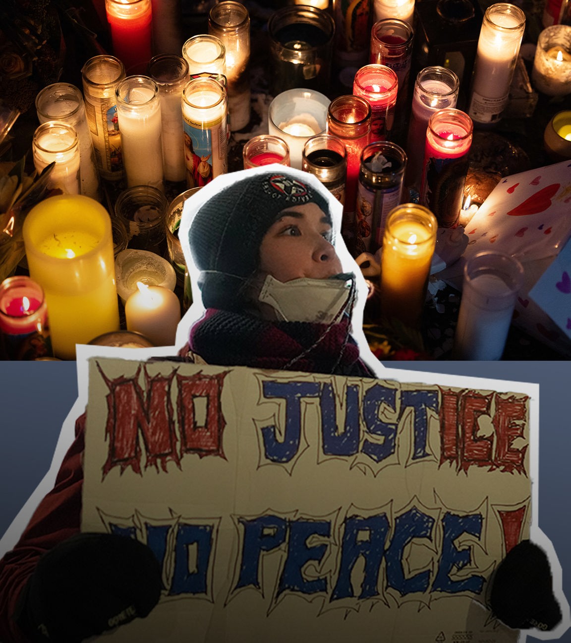 Splitscreen: Links steht Frau mit Demoschild "No Justice, no peace" und Trillerpfeife, daneben Kerzenmeer