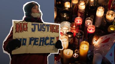 Splitscreen: Links steht Frau mit Demoschild "No Justice, no peace" und Trillerpfeife, daneben Kerzenmeer