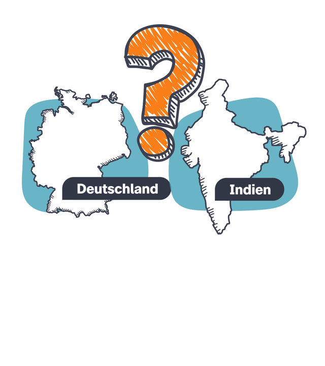 Grafik: Karte Indien und Karte Deutschland, dazwischen Fragezeichen